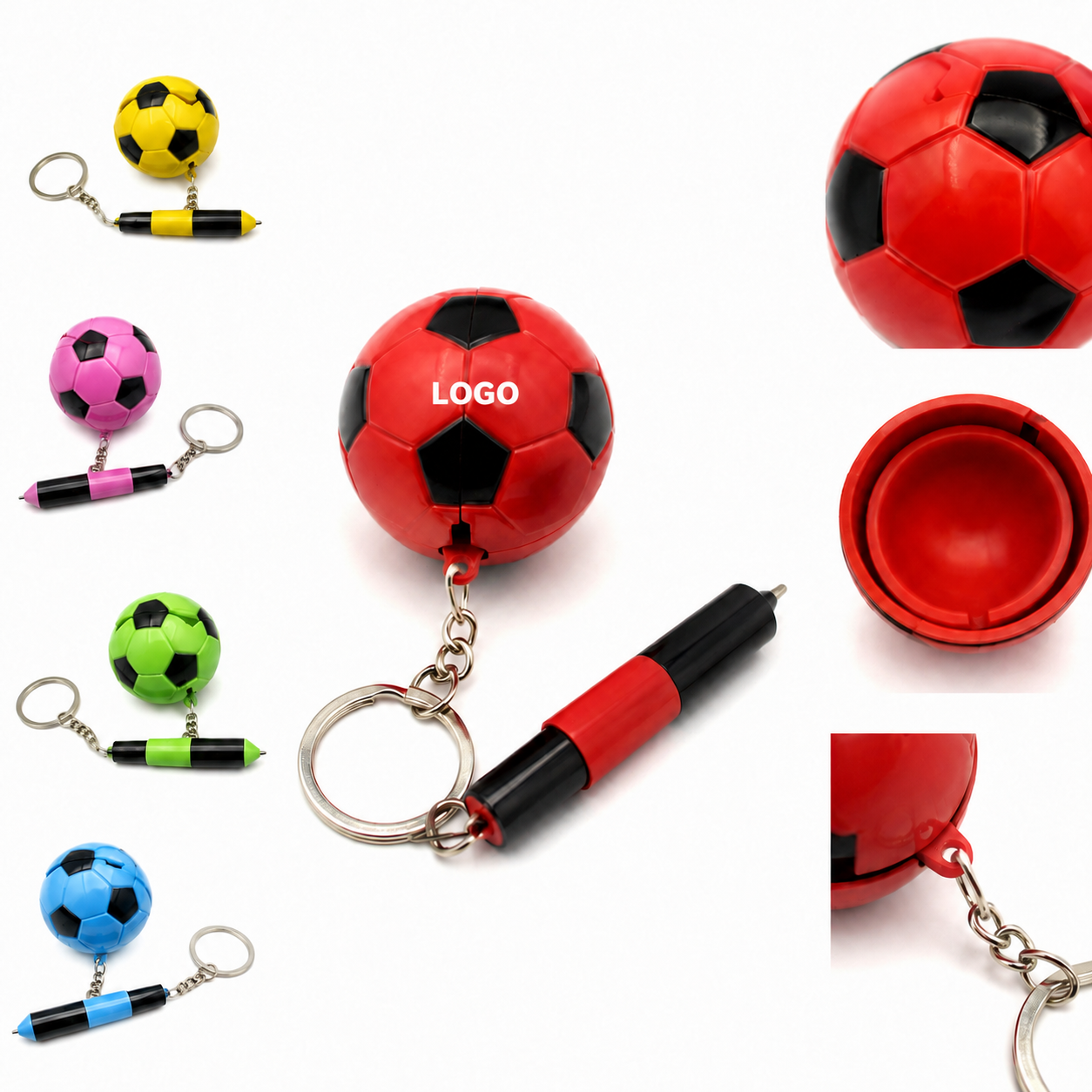Soccer Ball Themed Folding Ballpoint Pen with Key Ring